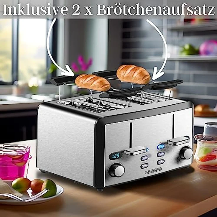 XXL Toaster 4 Toastschlitze | Toastautomat | XXL Toaster | 1600 Watt | 6-Stufen Bräuneregler | 2x Brötchenaufsatz | Auftau-Funktion | 2x Krümelschubladen | Edelstahl | 4-Fach Toaster | LED Displays – Bild 4
