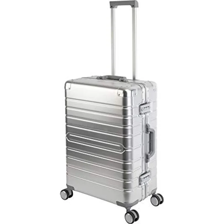 Travelhouse Oslo Alu Reisekoffer Silber M-65cm Hartschalenkoffer Reisetrolley Suitecase Trolley 2X TSA Zahlenschloss 4 Doppelräder 360° Rollen Markenqualität Vol. 70L