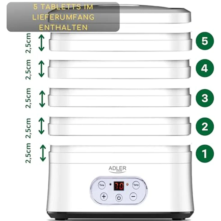 Adler AD 6658 Dörrautomat, 230 W, 5 Einlagen, Timer, LCD-Display, Kunststoff, weiß – Bild 3