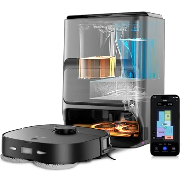 EUREKA J12ULTRA DE Saug&Wischroboter & All-in-One Station, Selbst/-waschend/trocknend/entleerend/reinigend, Heißlufttrockung,2-Mop RevoScrubTM, 5000Pa, 4,7Liter, LIDAR, Teppicherkennung, Kantenreinig – Bild 1
