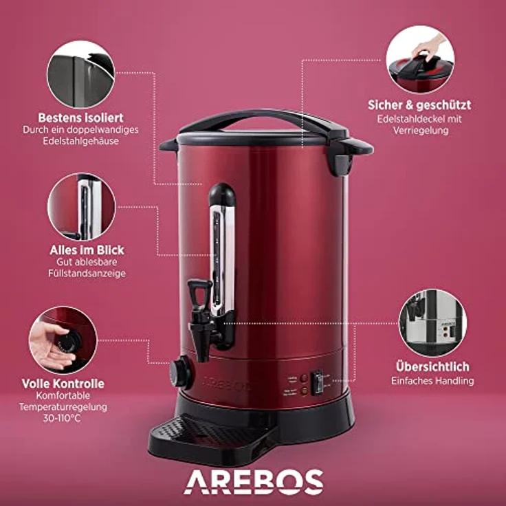 Arebos Einkoch- und Glühweinautomat AR-HE-GKE88R, 8,8 L, Edelstahl, mit Überhitzungsschutz und Temperatureinstellung 30-110°C, 950 W – Bild 3