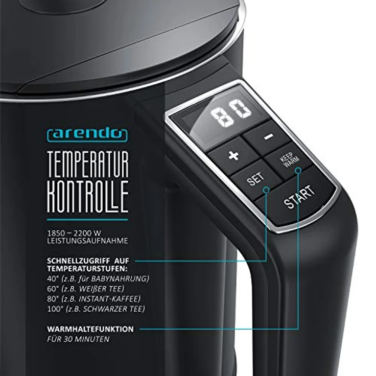 Arendo Edelstahl Wasserkocher mit Temperatureinstellung 40-100 Grad in 5er Schritten - Doppelwand Design - Modell ELEGANT - 1,5 Liter - 2200 W - Teekocher mit Temperaturanzeige - GS - Schwarz – Bild 5