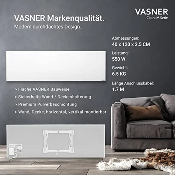 VASNER Citara M Infrarotheizung – Infrarot Elektroheizung Metall weiß Wandheizung Deckenheizung IP44 Schutz Bad Heizpaneel Innenbereich 10 J. Garantie (550 Watt) – Bild 2