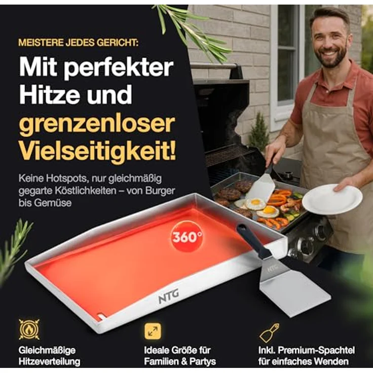 NTG Plancha Grillplatte Edelstahl 40×30 cm, rostfrei, 4 mm dick, inkl. Spachtel, für Gasgrill und Kohle – Bild 2
