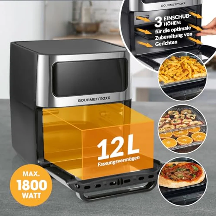 GOURMETmaxx Digitale XXL Heißluftfritteuse 12 Liter - Ofen, Grill und Fritteuse mit Sichtfenster | Fettarme und schonende Zubereitung nahezu ohne Öl | 9 Programme, Timerfunktion für punktgenaues Garen – Bild 5