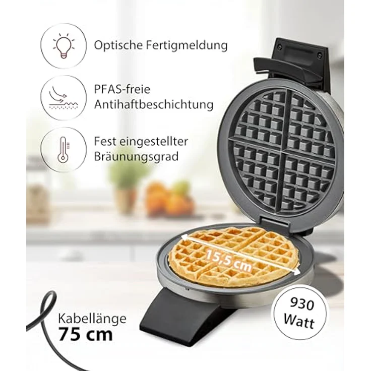 Cloer 1699 Amerikanisches Waffeleisen, runde Waffel 15,5 cm Durchmesser, Antihaftbeschichtung, fest eingestellter Bräunungsgrad, Edelstahl, 930 W – Bild 2
