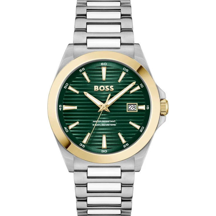 BOSS Quarzuhr STRIKE 1514173, Armbanduhr, Damenuhr, Herrenuhr, Edelstahlarmband, analog, Tag, olivgrün/silberfarben-goldfarben