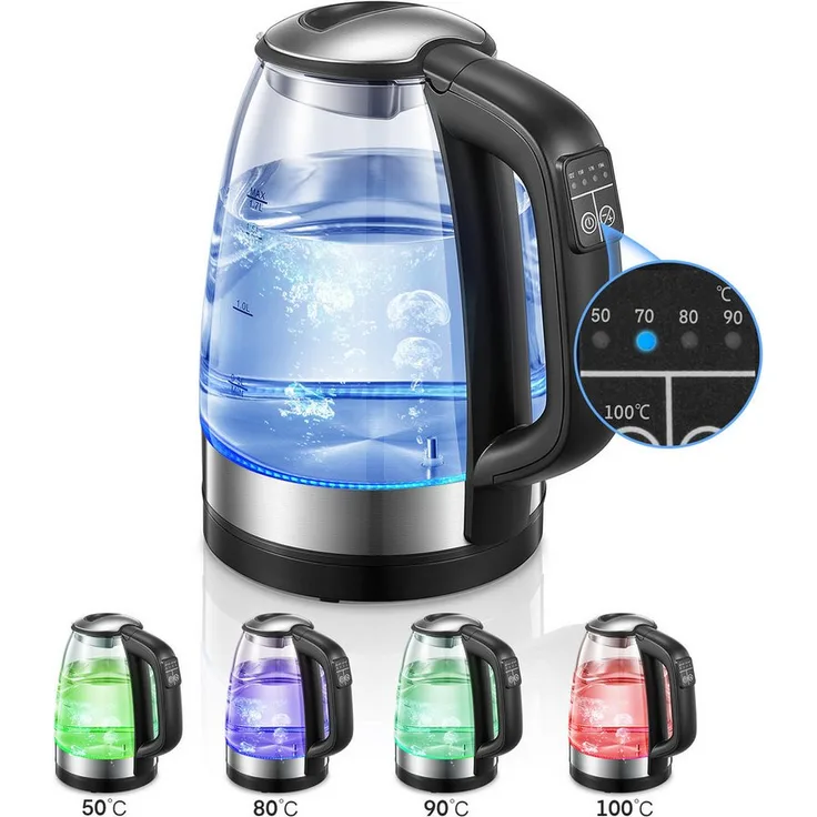 FOHERE Wasserkocher mit Temperaturregelung von 50 bis 100 °C, BPA-frei, 1.7 l, 2200 W, aus Borosilikatglas und Edelstahl