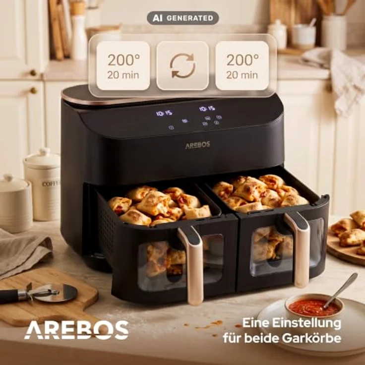 Arebos Heißluftfritteuse AR-HE-DPH10, 2450 W, 10 L, 2 Garzonen mit SYNC- & MATCH-Funktion, 2 Sichtfenster, Schwarz/Roségold – Bild 5
