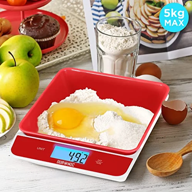 Duronic KS100 RD Küchenwaage | 5 kg Digitalwaage mit 1,2 L abnehmbarer Schüssel | 1 g grammgenau Präzision-Feinwaage | Haushaltswaage mit Tara-Funktion | Digitale Waage mit Hold-Funktion | Zum Kochen – Bild 3