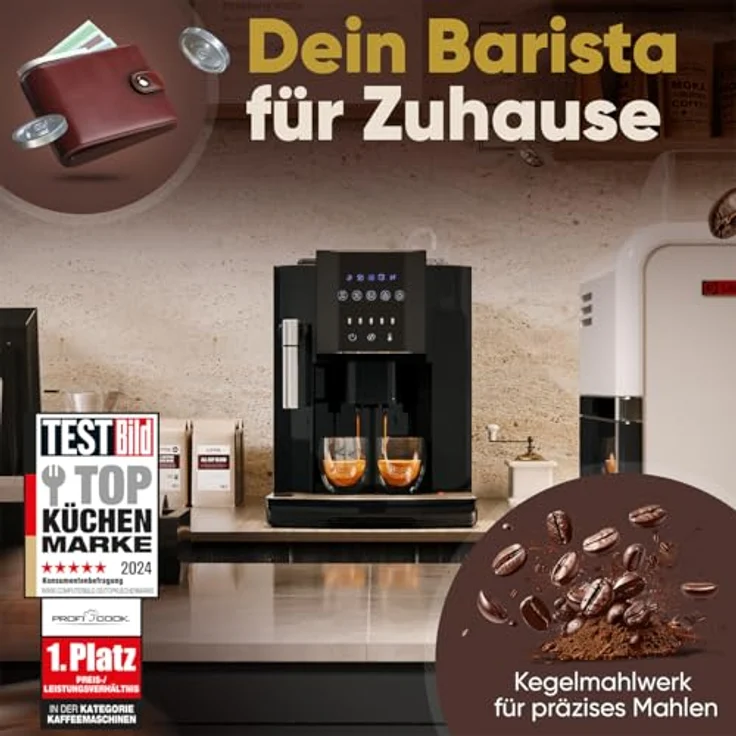 ProfiCook® PC KAV 1281, Kaffeevollautomat mit Kegelmahlwerk, Milchaufschäumdüse, italienischer Profi-Pumpe und Touch-Display – Bild 2