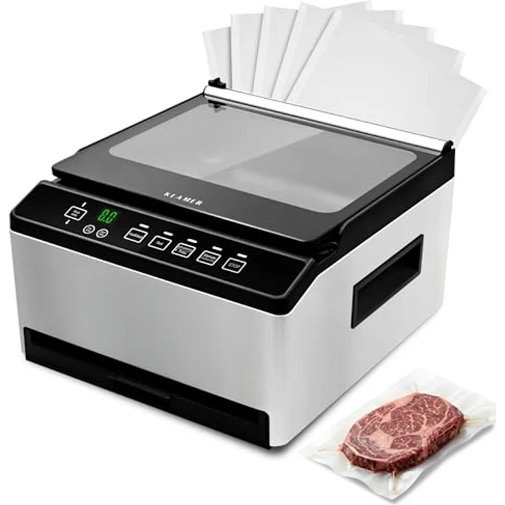 KLAMER Kammervakuumierer Edelstahl, 98 kPa Profi Vakuumiergerät mit Marinier-Funktion, Glasdeckel, einstellbarer Vakuum- und Schweißzeit, ideal für Sous Vide und feuchte Lebensmittel – Bild 1