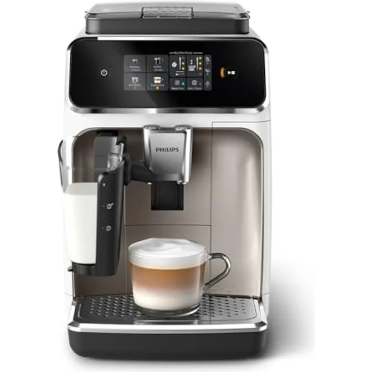 Philips 2300 Serie Vollautomatische Espressomaschine - 4 Getränke, modernes Farb-Touchscreen-Display, LatteGo-Milchsystem, SilentBrew, Keramikmahlwerk, AquaClean-Filter. Weißes Chrom (EP2333/40)