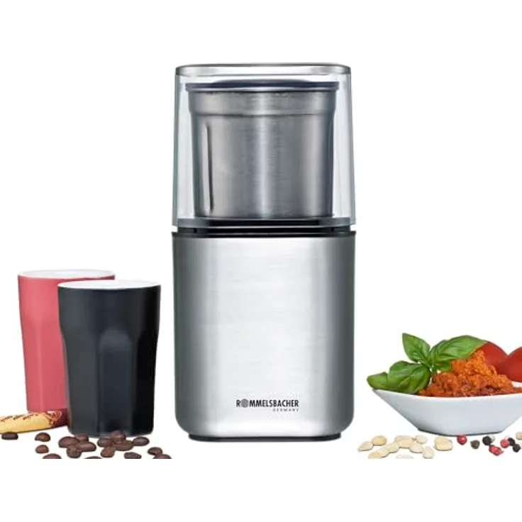 ROMMELSBACHER Gewürz und Kaffee Mühle EGK 200 - 2 Edelstahlbehälter mit Schlagmesser & Spezialmesser, Füllmenge 70 g, Mahlgrad über Mahldauer wählbar, auch für Pesto, Gewürze, Nüsse, Zucker, 200 Watt