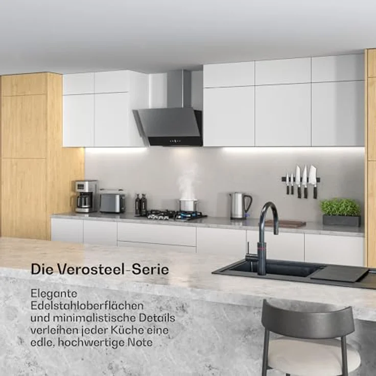 Klarstein Verosteel Dunstabzugshaube 60 cm, Kopffreihaube mit 624 m³/h, A++ Energieeffizienz, Touch-Bedienung, LED-Beleuchtung, leise, Edelstahl & schwarzes Glas, spülmaschinenfester Filter – Bild 2
