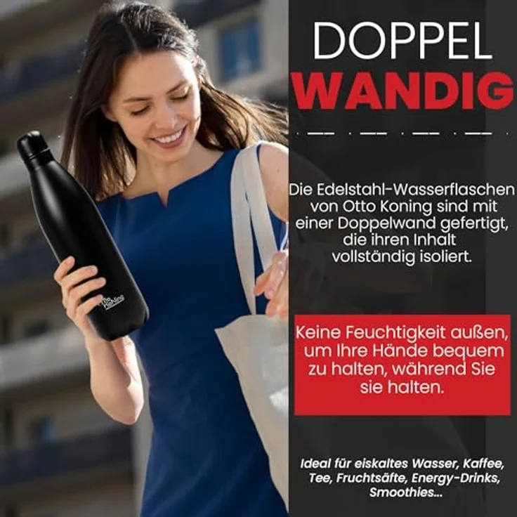 Otto Koning Edelstahl Trinkflasche 1 Liter – Vakuumisolierte, auslaufsichere Sportflasche mit doppelwandiger Isolierung für Büro und Outdoor – BPA-frei, robust – Bild 5