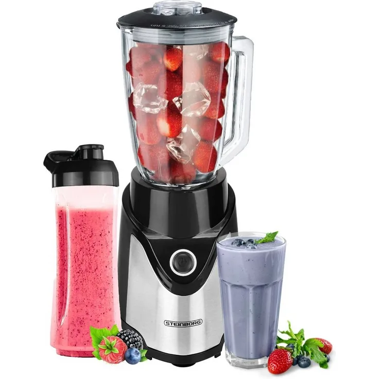 STEINBORG Standmixer SB-7030, 500 W, BPA-Frei, 600 ml Glaskrug + 570 ml To-Go Becher, 6-Fach Messer, robust & leistungsstark