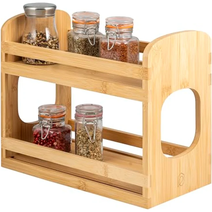 eluno Gewürzregal 2 Etagen, ausziehbarer Küchenorganizer zur Aufbewahrung von Gewürzen, Kräutern, Tee und Ölflaschen, leichte Montage zum Kleben oder Bohren, Bambus, 29 x 16 x 24,5 cm – Bild 1