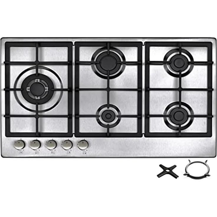 Phönix PS-901LT Einbau Gaskochfeld Edelstahl Kochfeld Gaskocher 5 Kochplatten autark (freistehend- / Einbau- Gaskochfeld) inkl. WOK-Aufsatz + Gasherdkreuz