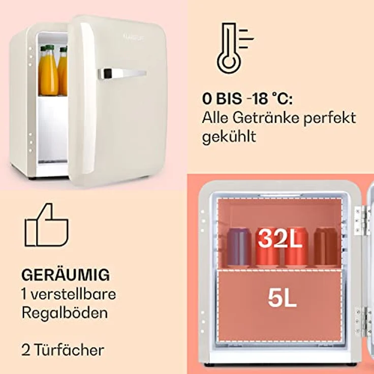 Klarstein Mini Kühlschrank mit Gefrierfach, 32L Mini-Kühlschrank für Getränke & Kosmetik, Kleine Minibar im Retro-Design, Kühlschrank Klein & Leise, Kleiner Skincare Kühlschrank für Zimmer in Retro Schwarz – Bild 4