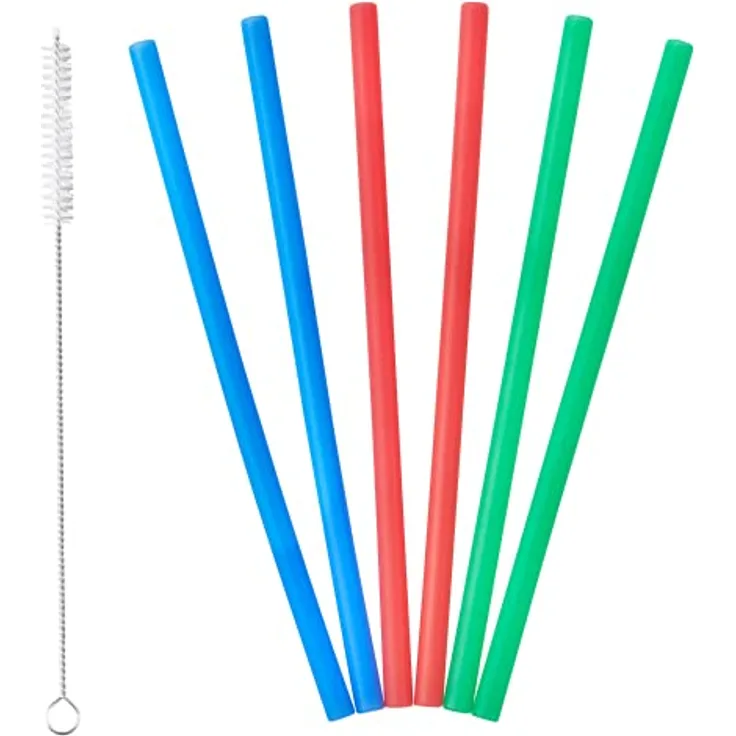 LURCH 70242 Trinkhalme Silikon, 6er Set 20cm (Ø 0,8cm) in verschiedenen Farben mit Reinigungsbürste, lebensmittelecht und BPA-frei