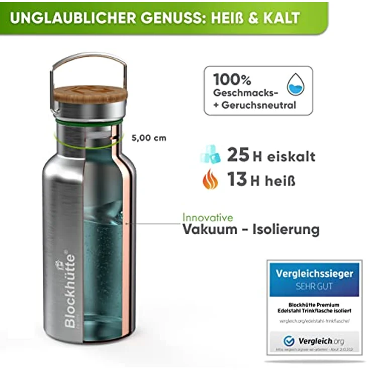 Blockhütte Premium Edelstahl Trinkflasche isoliert I 500ml mit Flaschenbürste I BPA Frei, Kinder und Schule, spülmaschinenfest, auslaufsicher – Bild 3