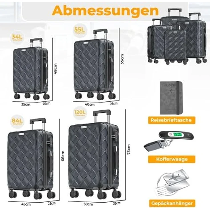 KESSER® Reisekoffer Set 4-teilig, ABS Hartschalenkoffer mit Zahlenschloss, Kofferwaage & Reisebrieftasche, 360° Rollen, Handgepäck & große Koffer, Trolley Charcoal – Bild 2