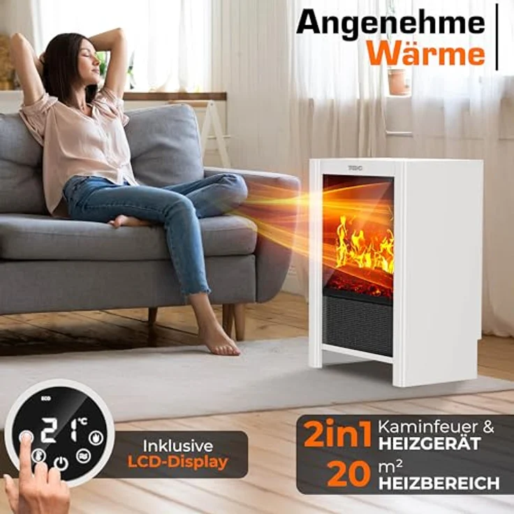TRESKO Elektrokamin TRESKO® mit 2000W Heizung, Fernbedienung & WiFi App, LED-Flammeneffekt, LCD-Display, 3 Heizmodi – Bild 3