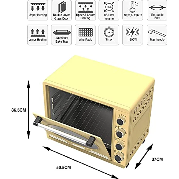 Turbotronic/Retro Minibackofen mit Umluft / 35l / schwarz, rot, blau, beige / 1600W, Mini Backofen mit Timer, Pizzaofen, Grill (CREAM) – Bild 2