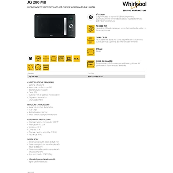Whirlpool JQ 280 MB Mikrowelle, Standgerät, Thermobelüftet kombiniert, Freistehend mit Dampfgarer Bassa Teller Crisp und Griff, 30 Liter Garraum, Schwarz – Bild 7