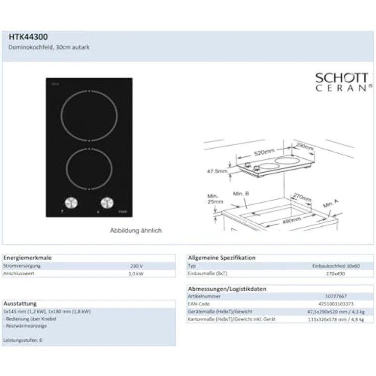 Vestel Domino-Ceran-Kochfeld HTK44300, Rahmenlos, obenliegende Bedienknebel, original CERAN Glaskeramikkochfläche, Flächenbündig einbaubar – Bild 3