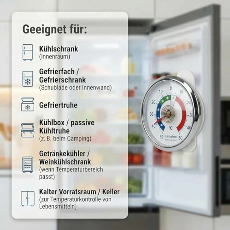 Lantelme Kühlschrankthermometer, selbstklebend, Bimetall-Analog, für Kühl- und Gefriergeräte, Silber, präzise Temperaturmessung von -50° bis +50°C – Bild 4