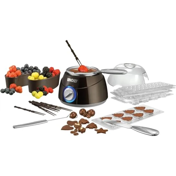 Unold 48967 Chocolatier Sparset Schokobrunnen Schokofondue Inkl. 12 Gießformen mit Weihnachtsmotive, 25 Watt (braun/silber)