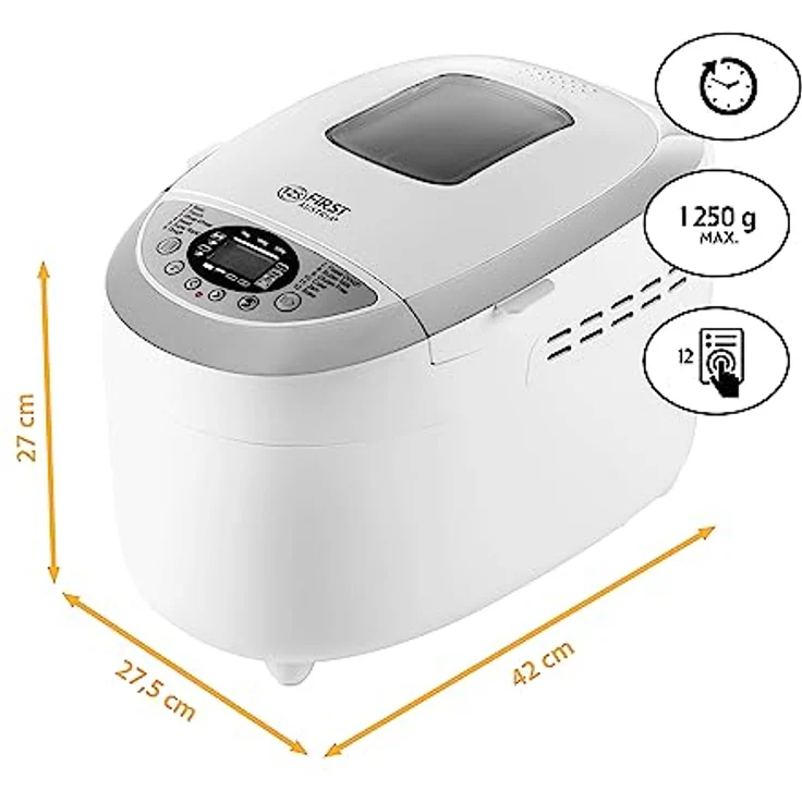 TZS First Austria Brotbackautomat, 850W, 12 Automatik-Programmen, 2 Knethaken, Teig-Programm, Marmelade-Programm, Glutenfrei-Programm, Bräunungsgrad, Start-Verzögerungs-Funktion, weiß – Bild 2