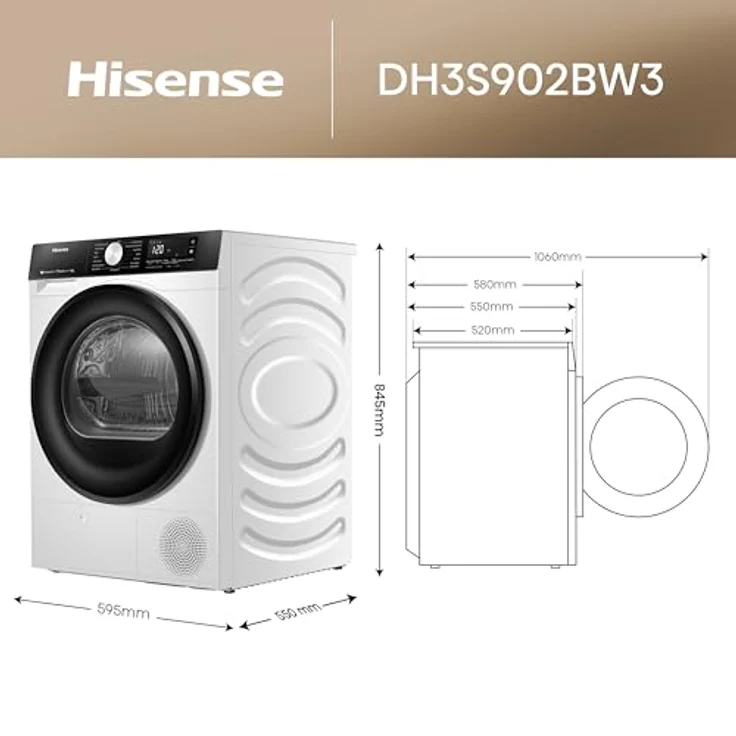 Hisense DH3S902BW3, 9KG Kondensation mit Wärmepumpe, 16 Programme, TwinAir, Weiß, EEK A – Bild 2