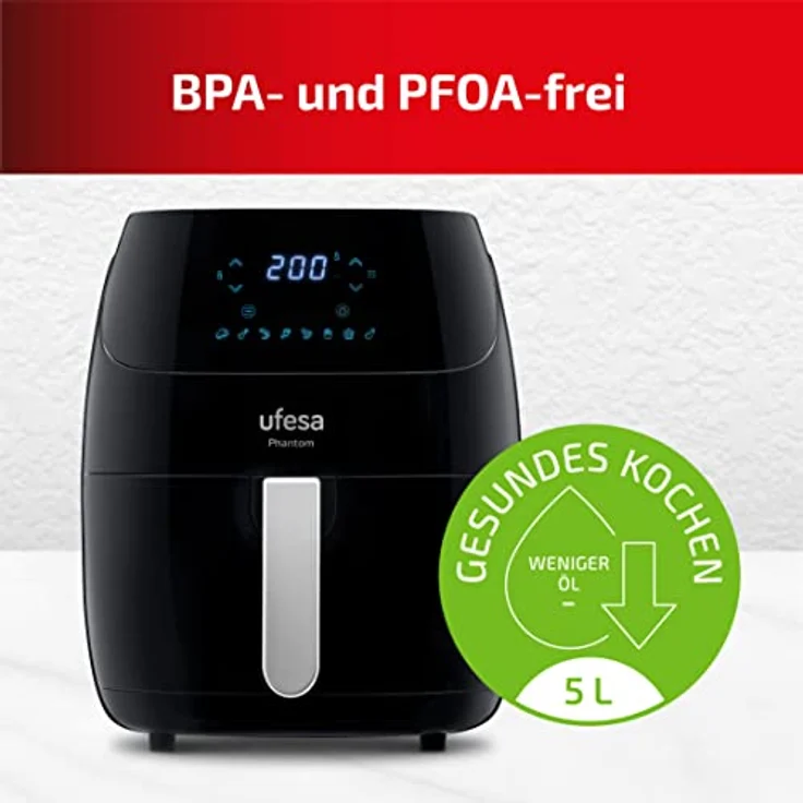 Ufesa Smart WLAN Heißluftfritteuse, 5 L XXL mit APP Steuerung und Rezepte, Friteuse Heissluft Fritteusen ohne Öl,Airfryer mit Digitalem LED-Touchscreen,Vorheizen&Warmhalten,1500W, AF5000 Luftfritteuse – Bild 3