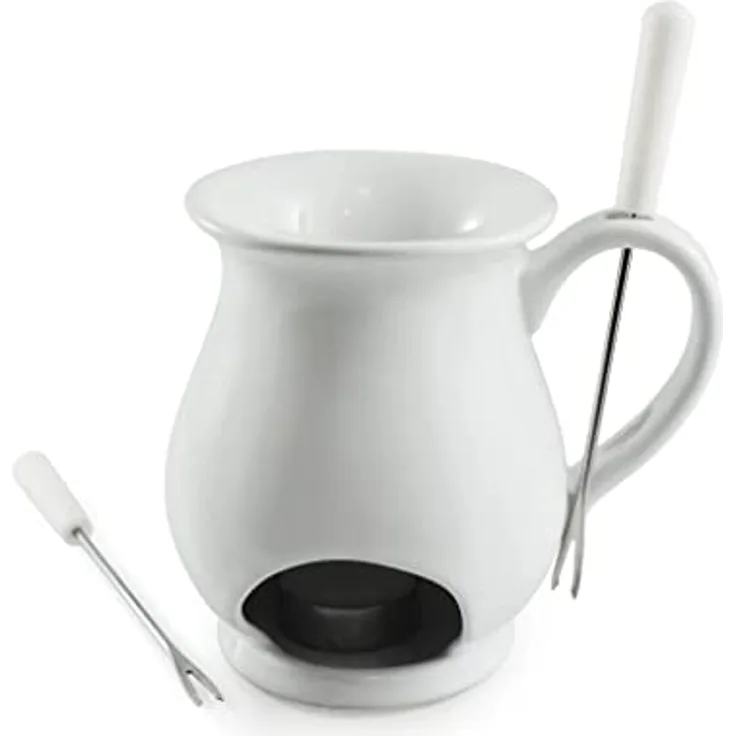 Swissmar F66327 Indulge Schokoladen Fondue Becher Set 4-teiliges, Gusseisen/Edelstahl, Weiß, Schokofondue Teelicht Beheizt, mit 2 Fondue Gabeln, Spülmaschinenfest, Geschenkset