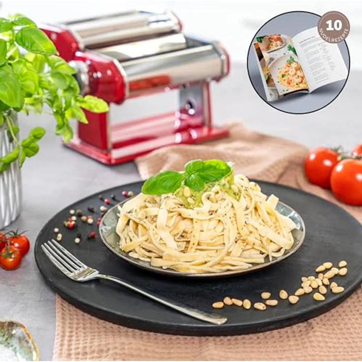 bremermann Nudelmaschine Edelstahl für Spaghetti, Pasta und Lasagne, 7 verstellbare Teigdicken, rot mit Rezeptheft – Bild 3