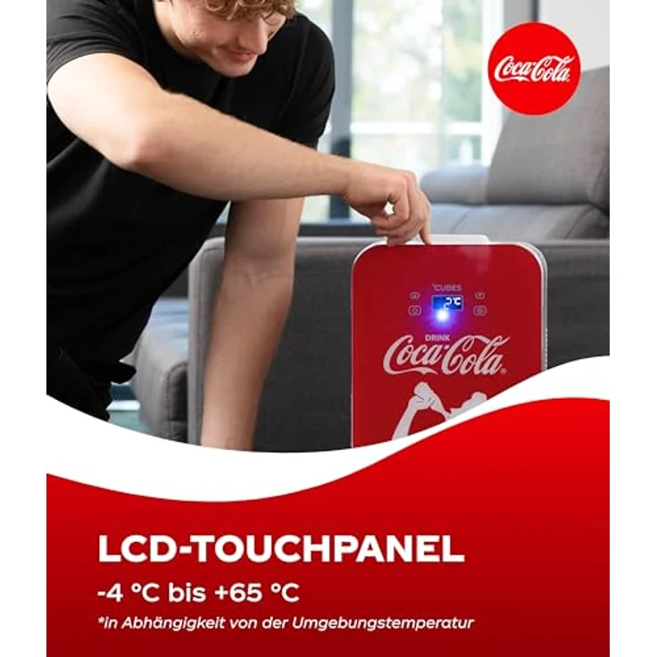 °CUBES Coca-Cola Mini Kühlschrank 9,3L, Kompakter Kühlschrank mit Glasdruck & LCD-Touch-Display, leise & energieeffizient, 12V/220V für Auto & Haushalt – Bild 3