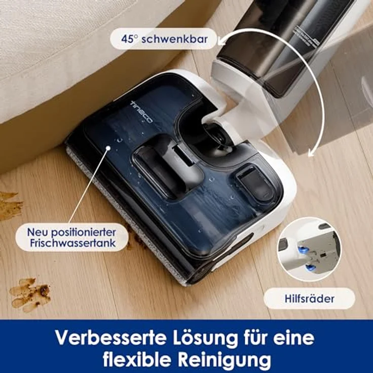 Tineco Floor One Stretch S6 Nass Trockensauger, 180°-Flachdesign Saugwischer 13cm Liegehöhe, 70°C 5min FlashDry Selbstreinigung, 3-Seitige Kantenreinigung 40min Laufzeit Reinigung unter tiefen Möbeln – Bild 5