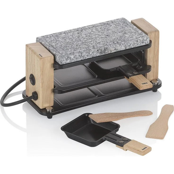 kela Raclette Bedretto, Holzgehäuse mit Granitplatte, stufenloser Temperaturregelung, für 2, 4 oder 8 Personen, inkl. Raclettepfännchen und Spatel, 2-Meter-Kabel
