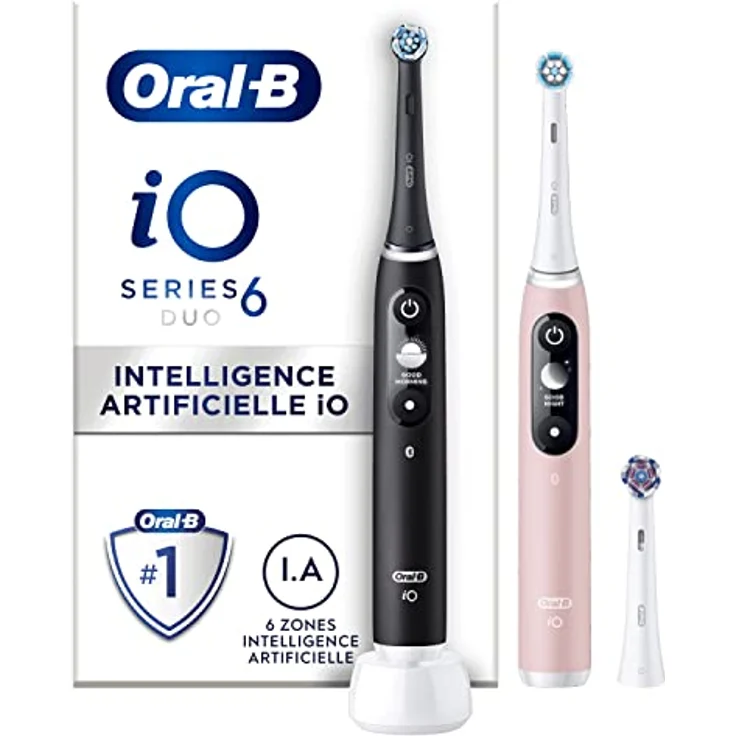 Oral-B iO 6 elektrische Zahnbürsten, 2 Stück, Schwarz und Rosa, Griffe mit schwarzem und weißem Display, Bluetooth, 3 Bürsten – Bild 1