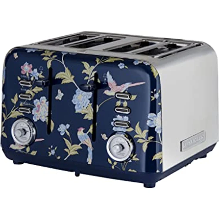 VQ Laura Ashley 4-Scheiben-Toaster Elveden Marine, Edelstahl-Vintage-Toaster mit Heiz-, Auftau- und Aufwärmmodi, inklusive Aufsatz zum Aufwärmen von Croissants – Bild 1