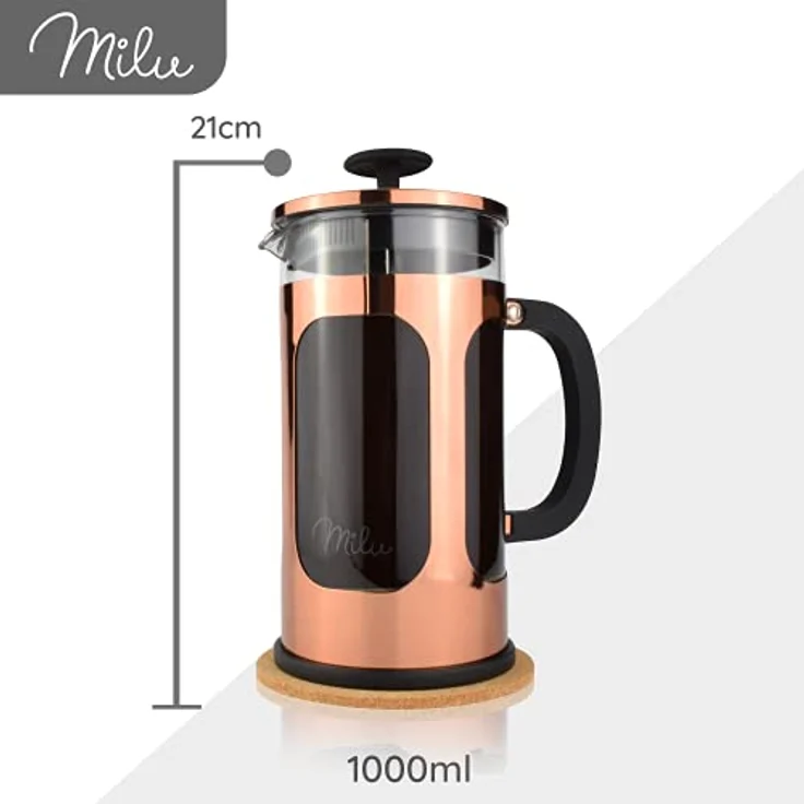 Milu French Press Kaffeebereiter | 350ml, 600ml, 1L | Glas Kaffeepresse, Kaffeezubereiter für Zuhause Reisen Camping inkl. Untersetzer, Löffel, Ersatzfilter (Rose, 1000ml (5 Tassen) – Bild 3