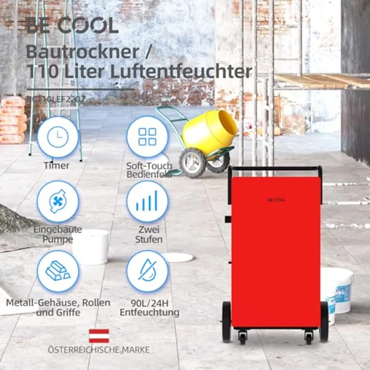 BE COOL BC110LEF2202 Bautrockner, Entfeuchtungsleistung bis zu 110 Liter pro Tag für Räume von 45m²-230m², mit Wasserpumpe und Touch-Panel – Bild 2