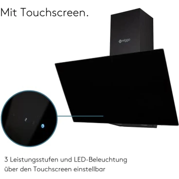 Wiggo Dunstabzugshaube 60cm kopffrei I Abluft Umluft Dunstabzug 300m³/h - LED Touch-Display 3 Stufen I Schräghaube inkl. Fettfilter & 2x Kohlefilter I Abzugshaube mit Glasfront schwarz – Bild 4