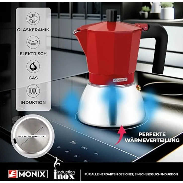 Bra Espressokocher BRA INOX RED 9T, italienische Kaffeemaschine aus Edelstahl mit 470 ml Kapazität für 9 Tassen, induktionsgeeignet, rot – Bild 3
