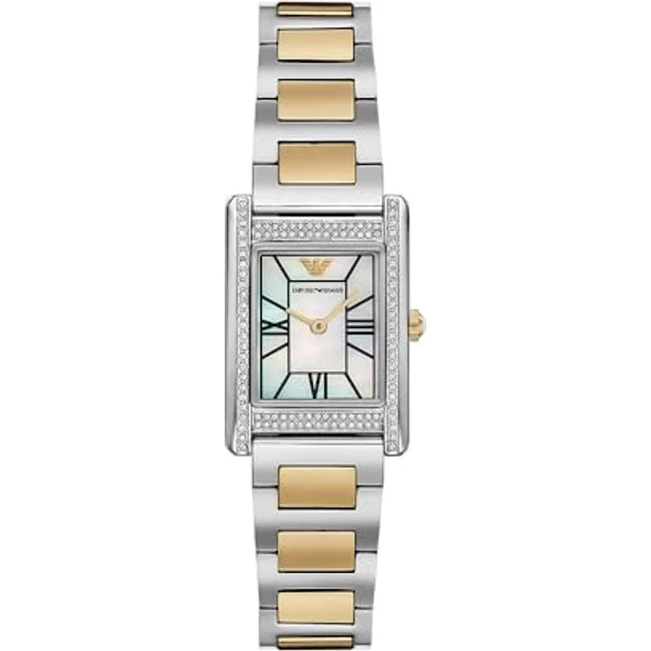Emporio Armani Damen Analog Quarz Uhr mit Edelstahl Armband AR11642, rechteckiges Gehäuse, weißes Perlmuttzifferblatt – Bild 1