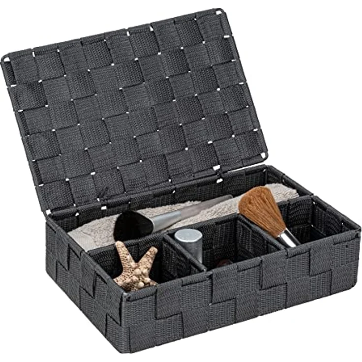 WENKO Aufbewahrungskorb mit Deckel Adria Klein Dunkelgrau - Badkorb mit Deckel und 4 Fächern, Polypropylen, 26 x 7.5 x 17 cm, Dunkelgrau – Bild 3