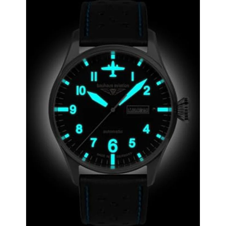 Bauhaus Aviation Tornado, Automatik-Uhr mit schwarzem Ziffernblatt und blauen Leuchtanzeigen, Edelstahlgehäuse, Japanisches Citizen-Miyota 8205 Uhrwerk – Bild 3
